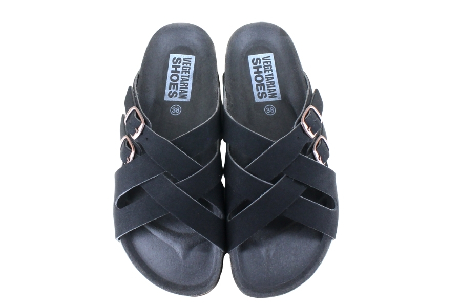 Vegetarian Shoes Cross Strap Sandal Fake Suede - Black